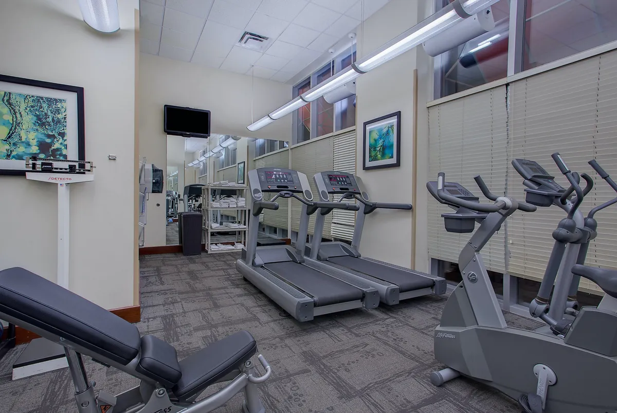 A modern gym space featuring treadmills, an elliptical machine, a weight bench, and large mirrors. The setting is bright and invigorating, with guests engaging in both individual and group fitness activities.